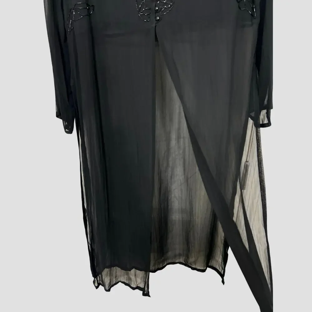 Y2K Sheer Black Beaded Duster Maxi Dress M Whimsigoth Indie Witchy Goth Overlay - Picture 7 of 13